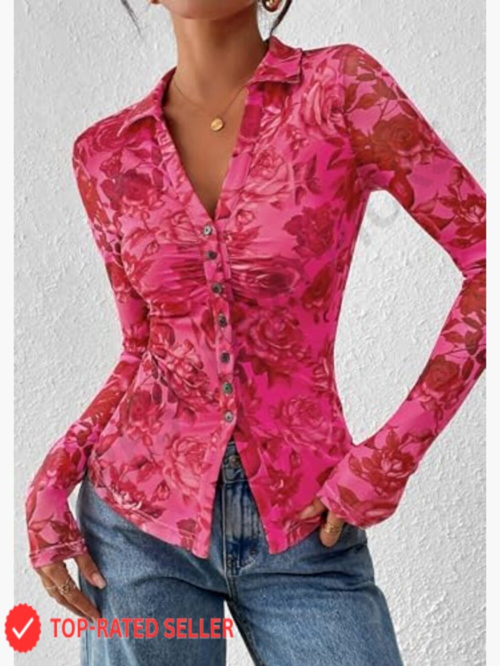 Floral Button Down Blouse V Neck Long Sleeve Sheer Mesh Boho Top Date Night - Picture 2 of 7